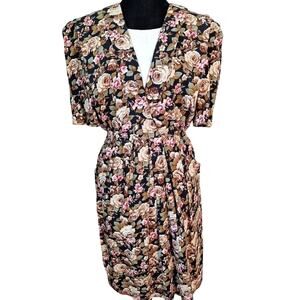 Vintage 90s Black Brown Rose Floral Print Short Sleeve Dress Women Size Small